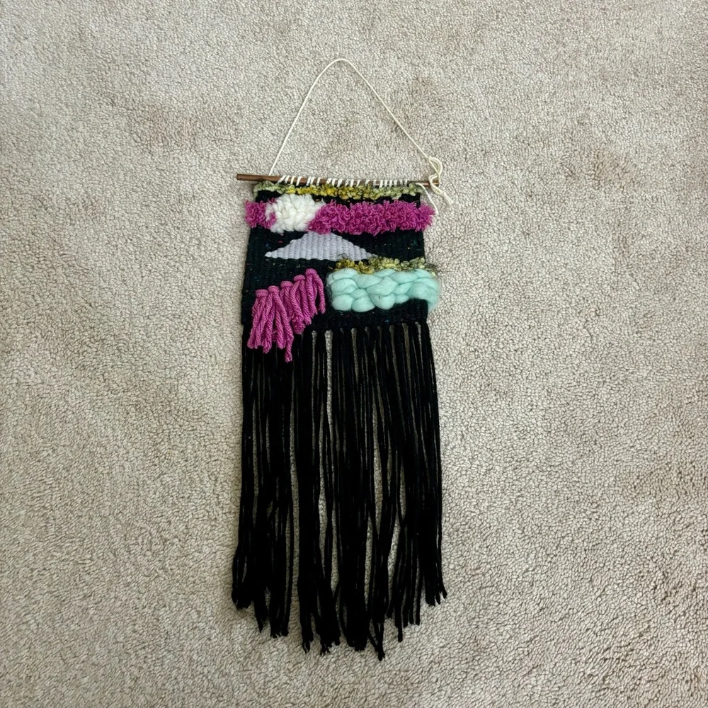 Handwoven Wall Hanging Textile Tapestry Fringe Bohemian Boho 3D Braided Black